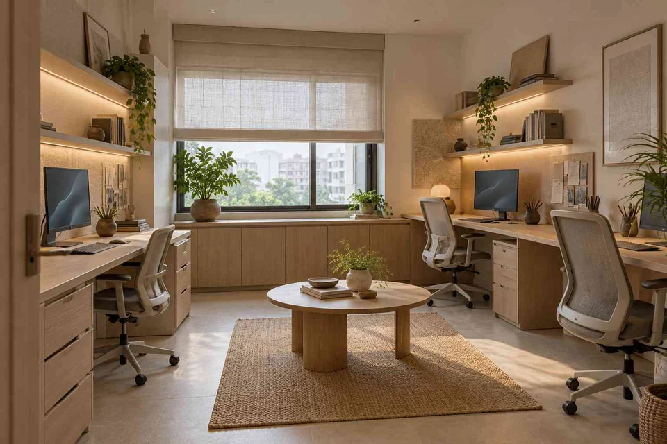 AI-generated home office concept: family study room, ash and linen direction