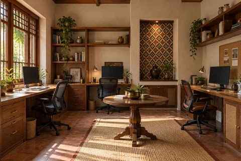 AI-generated home office concept: family study room, chettinad tile direction