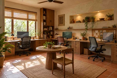 AI-generated home office concept: family study room, clay artisan direction