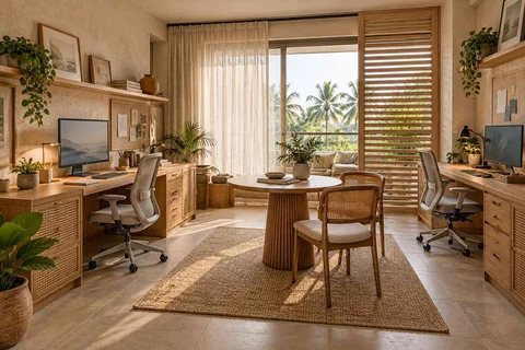 AI-generated home office concept: family study room, coastal woven direction