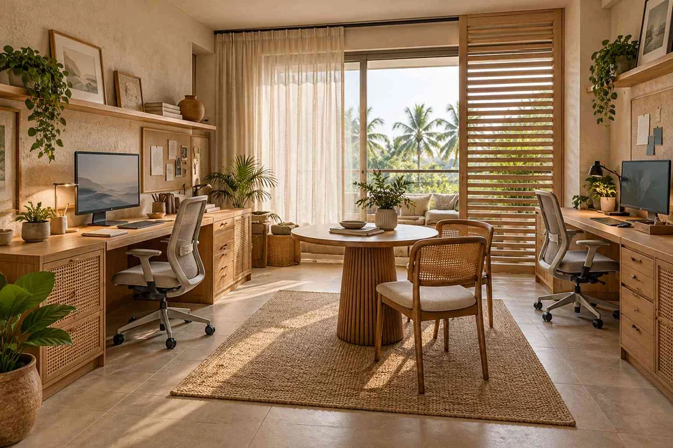 AI-generated home office concept: family study room, coastal woven direction