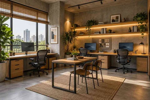AI-generated home office concept: family study room, concrete and oak direction