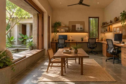 AI-generated home office concept: family study room, courtyard modern direction