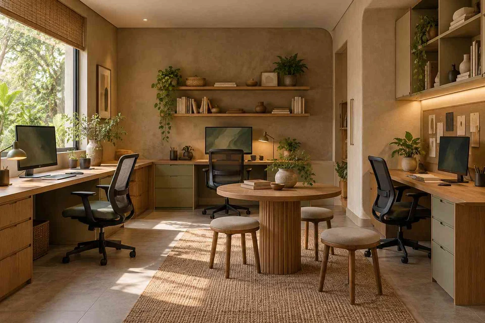 AI-generated home office concept: family study room, earth and bamboo direction