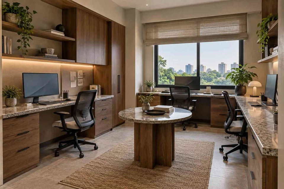 AI-generated home office concept: family study room, granite precision direction