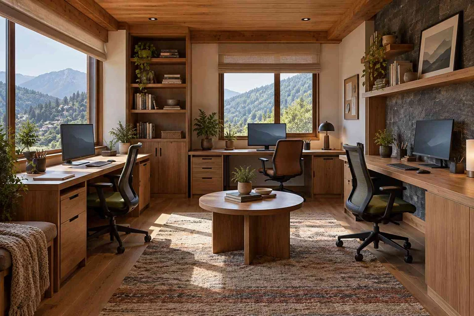 AI-generated home office concept: family study room, hill timber direction