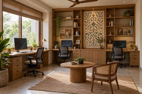 AI-generated home office concept: family study room, inlay atelier direction