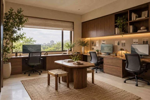 AI-generated home office concept: family study room, lime and walnut direction