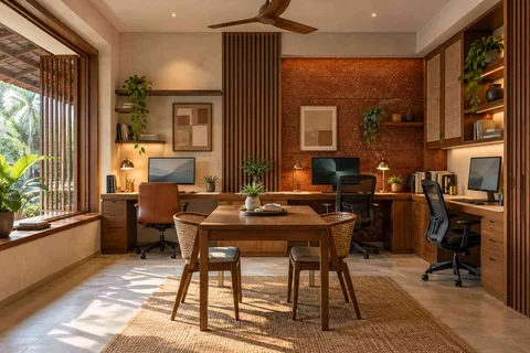 AI-generated home office concept: family study room, malabar timber direction