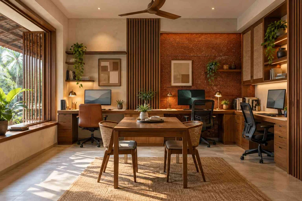 AI-generated home office concept: family study room, malabar timber direction