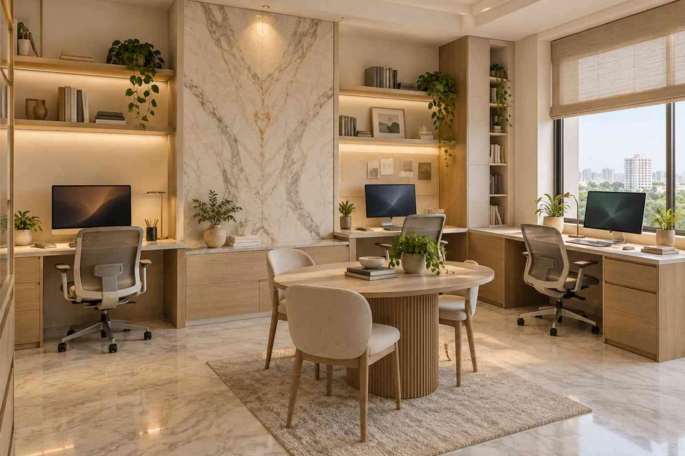 AI-generated home office concept: family study room, marble restraint direction