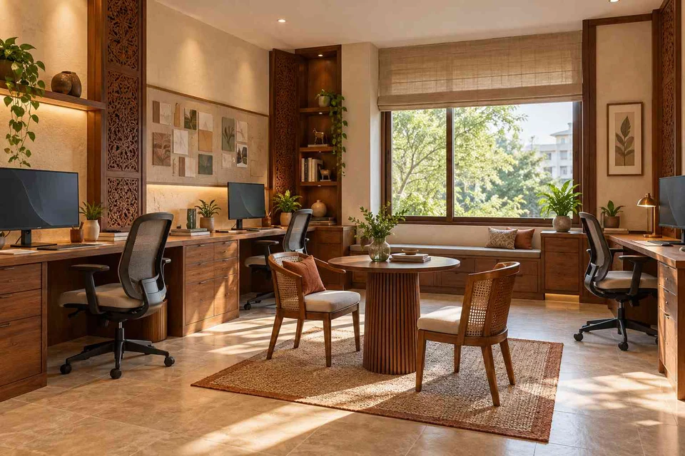 AI-generated home office concept: family study room, modern carved direction