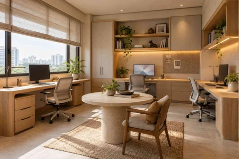 AI-generated home office concept: family study room, quiet contemporary direction