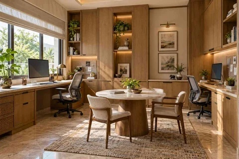 AI-generated home office concept: family study room, quiet transitional direction