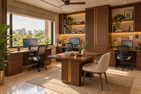 AI-generated home office concept: family study room, rosewood brass direction