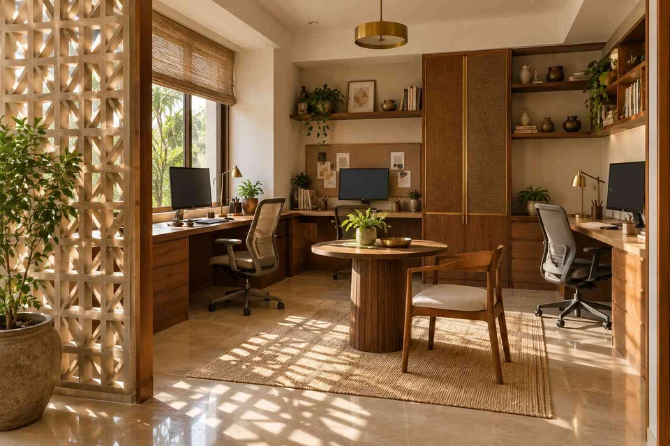 AI-generated home office concept: family study room, sandstone lattice direction