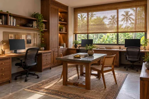 AI-generated home office concept: family study room, teak craft direction