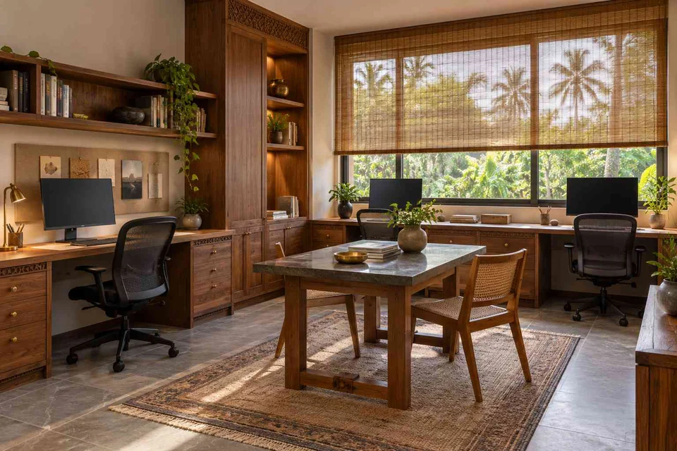 AI-generated home office concept: family study room, teak craft direction