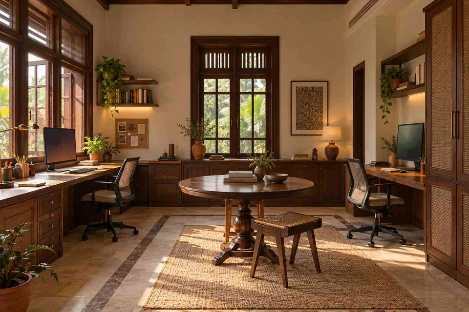 AI-generated home office concept: family study room, terracotta heritage direction