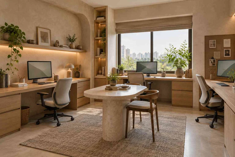 AI-generated home office concept: family study room, textured mineral direction