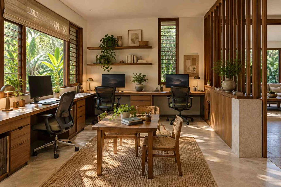 AI-generated home office concept: family study room, tropical slatted direction