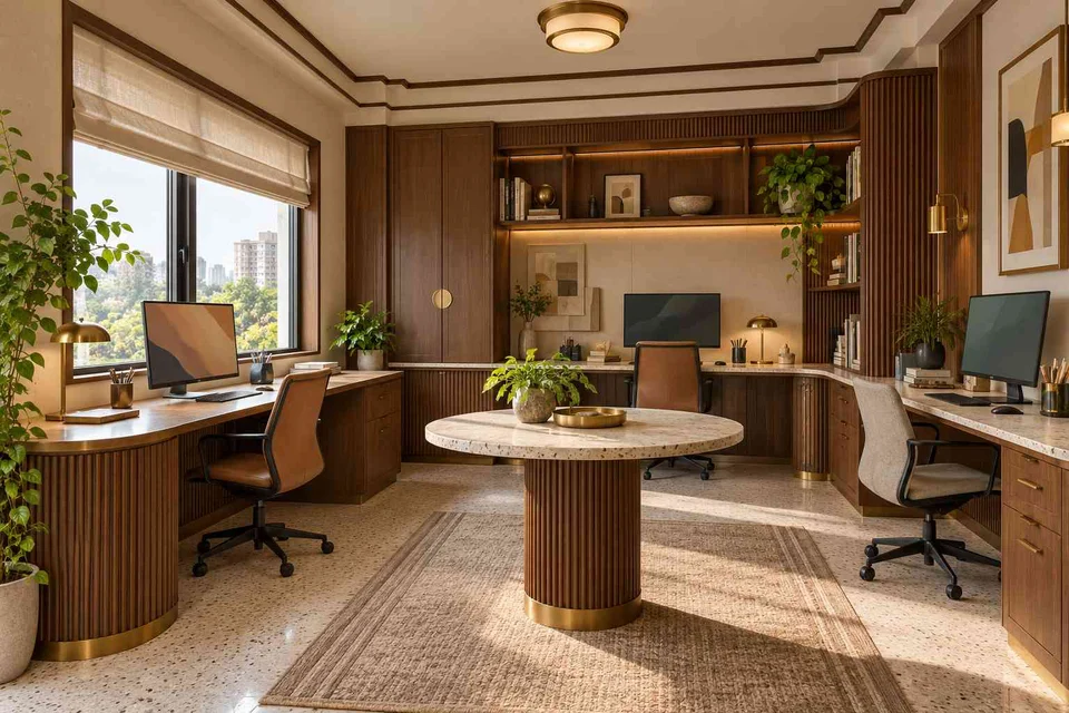 AI-generated home office concept: family study room, urban deco direction