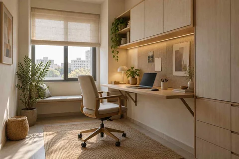 AI-generated home office concept: fold-down desk study, ash and linen direction