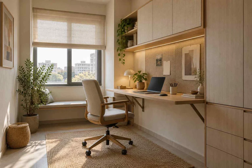 AI-generated home office concept: fold-down desk study, ash and linen direction