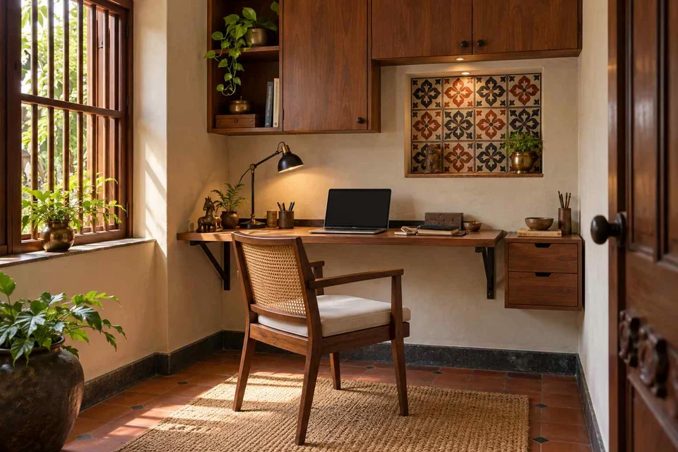 AI-generated home office concept: fold-down desk study, chettinad tile direction