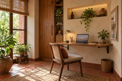 AI-generated home office concept: fold-down desk study, clay artisan direction