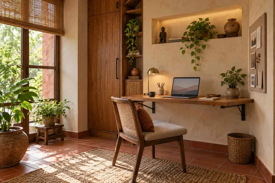 AI-generated home office concept: fold-down desk study, clay artisan direction