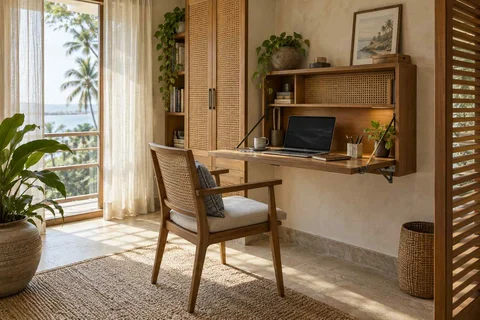 AI-generated home office concept: fold-down desk study, coastal woven direction