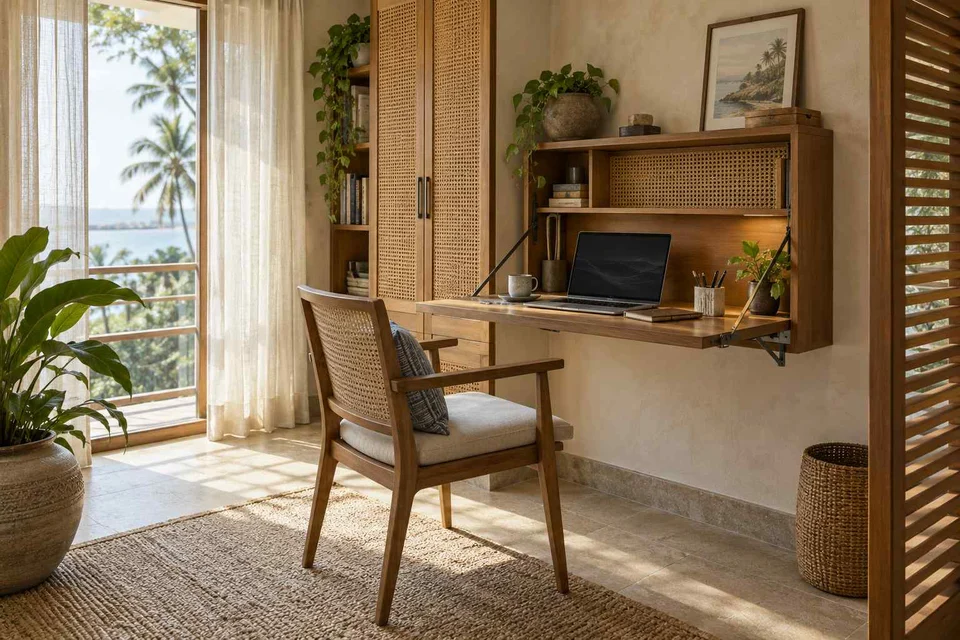 AI-generated home office concept: fold-down desk study, coastal woven direction