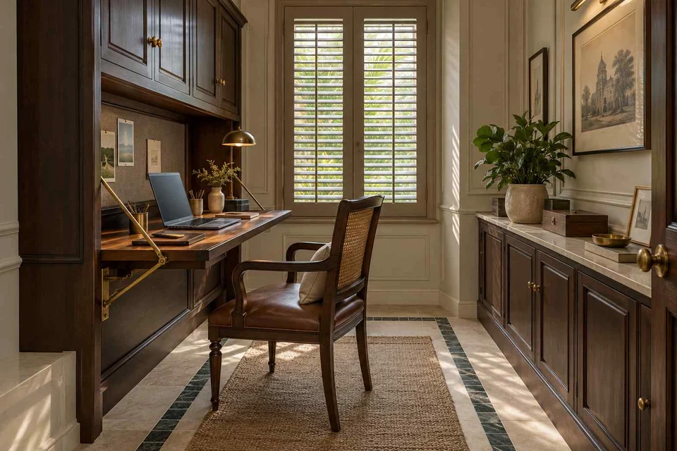 AI-generated home office concept: fold-down desk study, colonial quiet direction