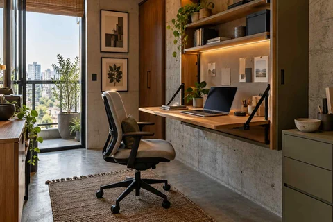 AI-generated home office concept: fold-down desk study, concrete and oak direction