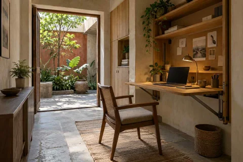 AI-generated home office concept: fold-down desk study, courtyard modern direction
