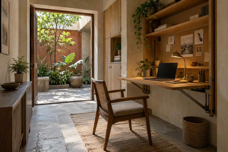 AI-generated home office concept: fold-down desk study, courtyard modern direction