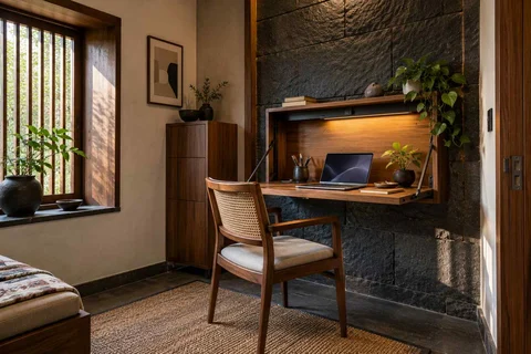 AI-generated home office concept: fold-down desk study, deccan stone direction