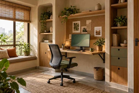 AI-generated home office concept: fold-down desk study, earth and bamboo direction
