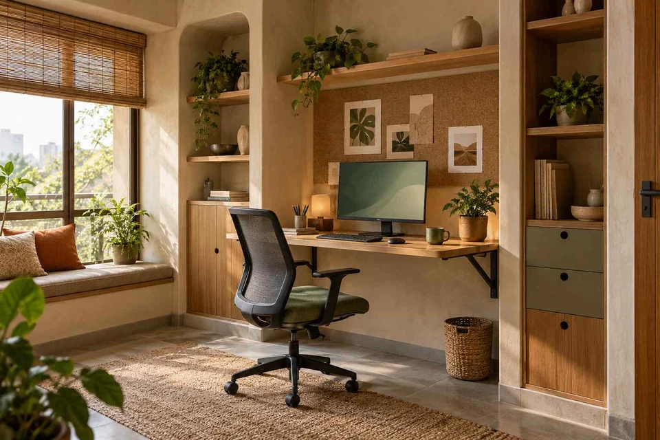 AI-generated home office concept: fold-down desk study, earth and bamboo direction