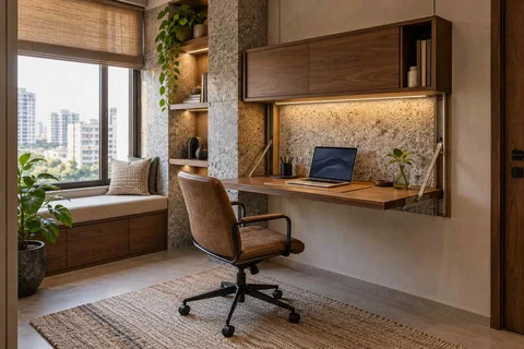 AI-generated home office concept: fold-down desk study, granite precision direction