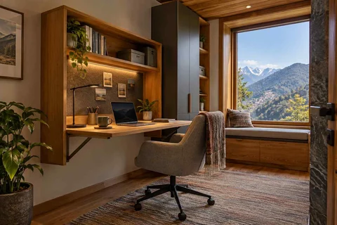 AI-generated home office concept: fold-down desk study, hill timber direction