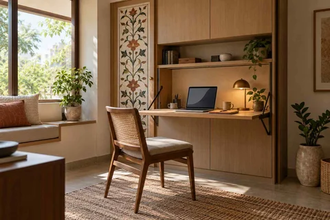 AI-generated home office concept: fold-down desk study, inlay atelier direction