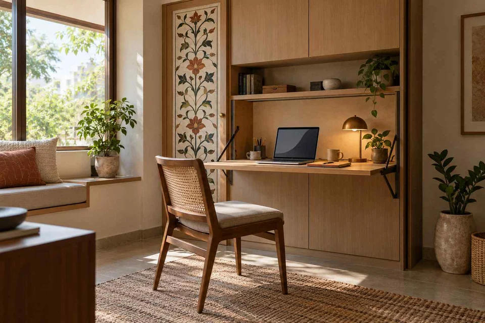AI-generated home office concept: fold-down desk study, inlay atelier direction
