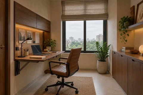 AI-generated home office concept: fold-down desk study, lime and walnut direction