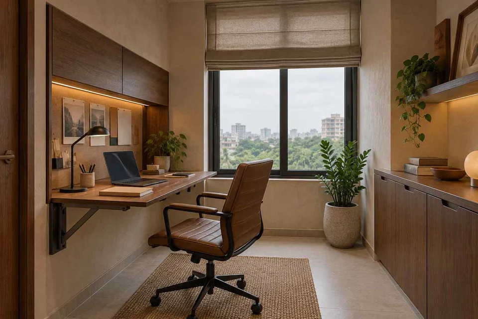 AI-generated home office concept: fold-down desk study, lime and walnut direction
