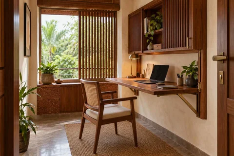 AI-generated home office concept: fold-down desk study, malabar timber direction