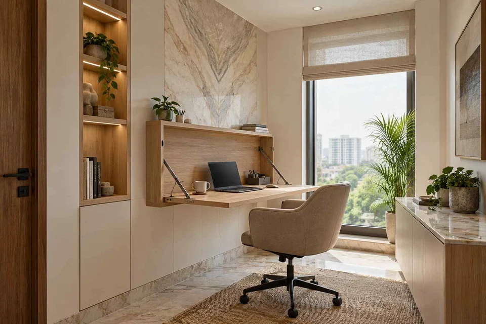 AI-generated home office concept: fold-down desk study, marble restraint direction