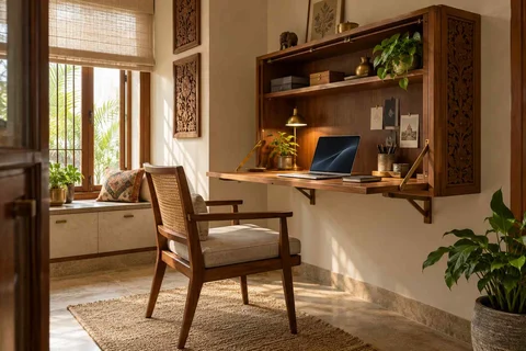 AI-generated home office concept: fold-down desk study, modern carved direction