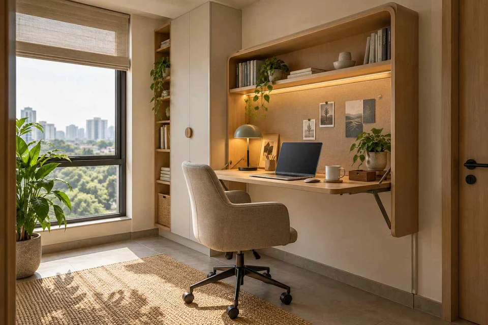 AI-generated home office concept: fold-down desk study, quiet contemporary direction